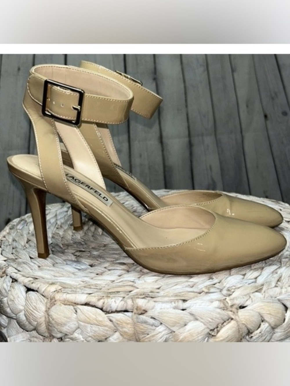 Karl Lagerfeld Taupe Patent Leather Ankle-Strap Heels 7.5